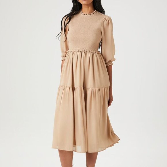 Forever 21 Dresses & Skirts - Forever 21 Smocked Chiffon Peasant Sleeved Dress, small, taupe